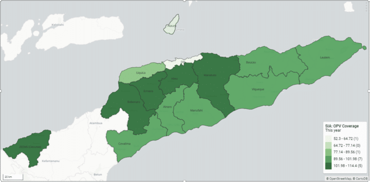 A DHIS2 map highlighting OPV Coverage across the districts in Timor-Leste during the SIA.