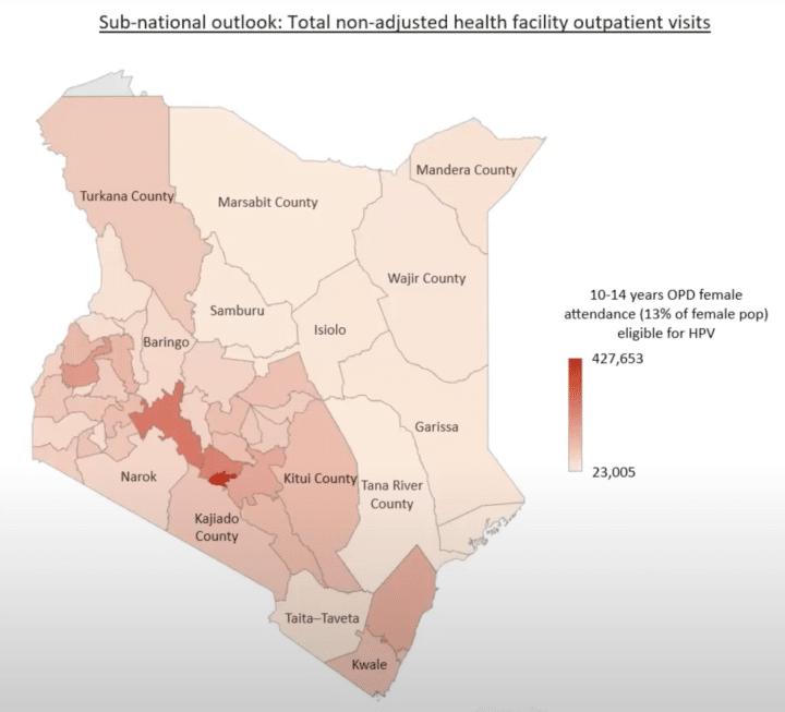 A map showing the proportion of hospital visits by 10-14 year old girls, eligible for HPV vaccinations in the different counties in Kenya.