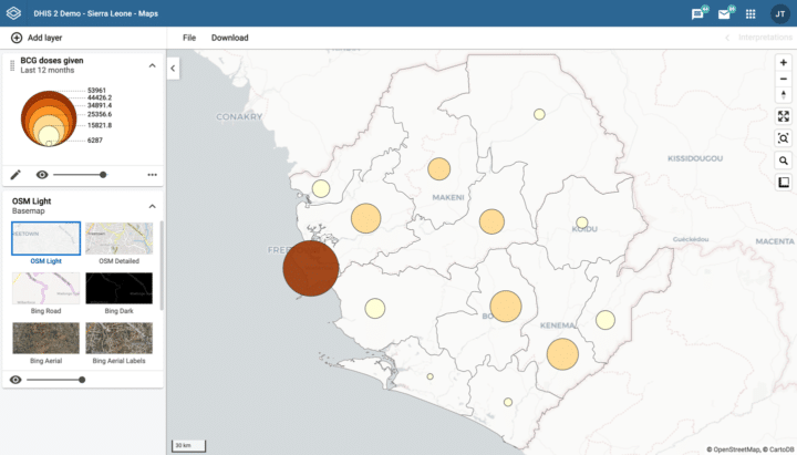 DHIS2.35 bubble maps screenshot