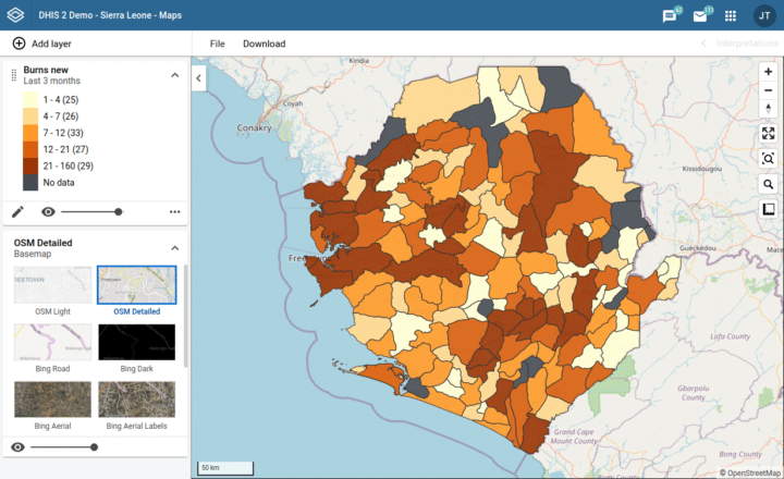 DHIS2.35 maps no data handling screenshot