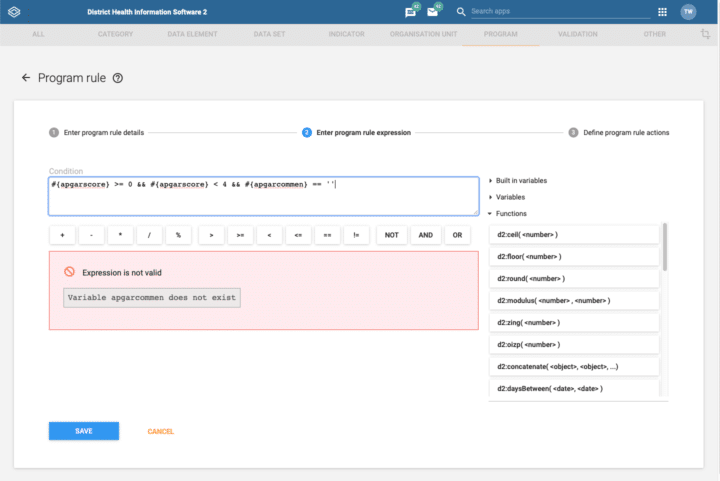 DHIS2.35 program rule expression validation