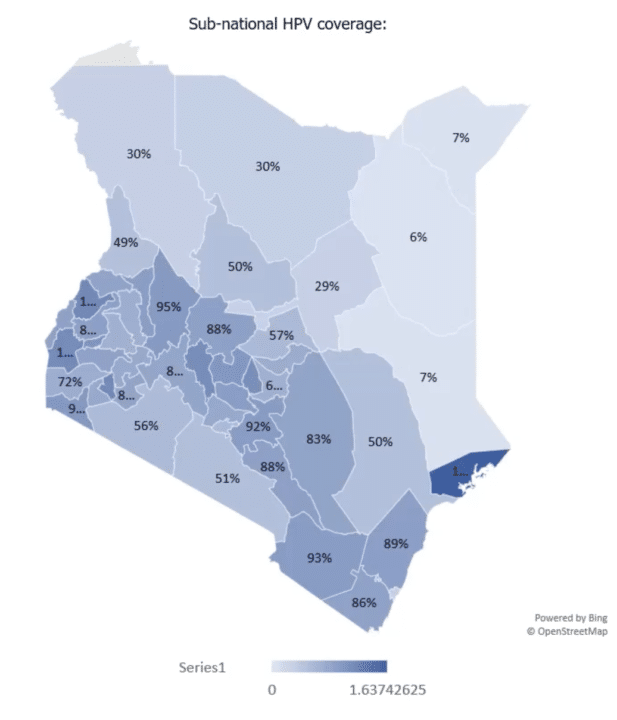 A map showing the coverage of HPV vaccination at the sub-national levels in Kenya.
