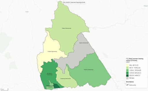 A DHIS2 map showing the proportion of pupils who leave school in each district